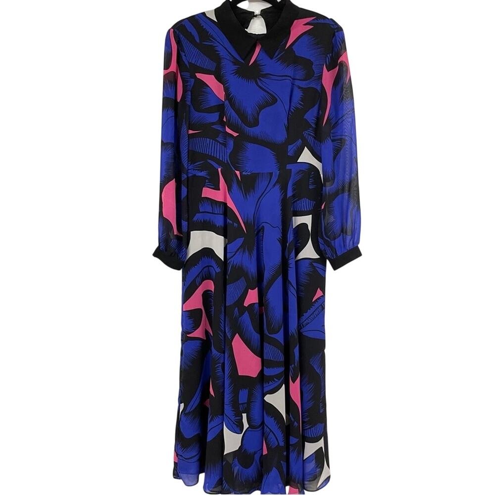 Boutique Blue & Pink Long Sleeve Peter Pan Collar Maxi Dress Womens XL Sheer